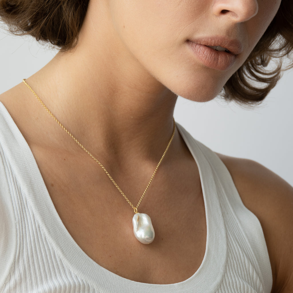 gold chain with real freshwater pearl pendant - baroque pearl - goldene kette mit perlenanhänger echte süßwasserperlen