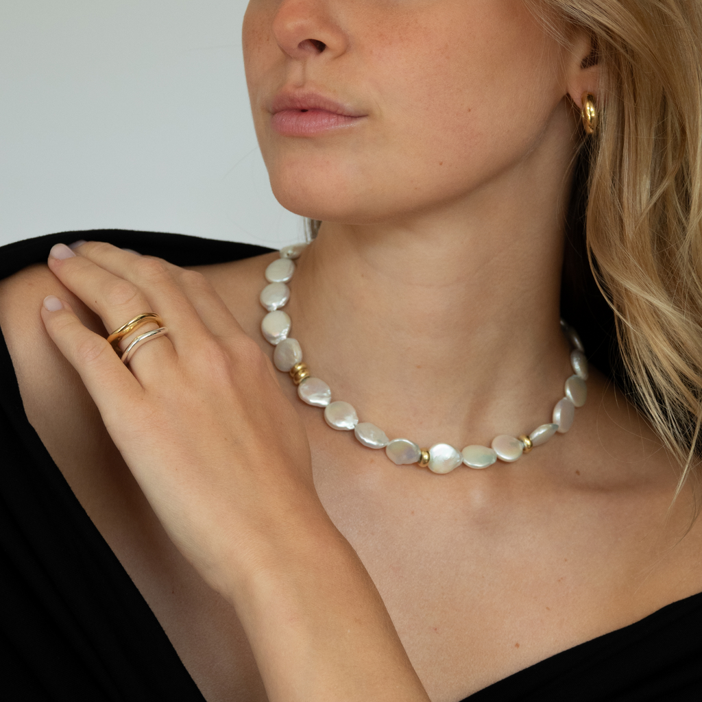 A gorgeous freshwater pearl necklace with a bolt ring closure by sustainable jewellery brand LLR Studios Germany Hamburg