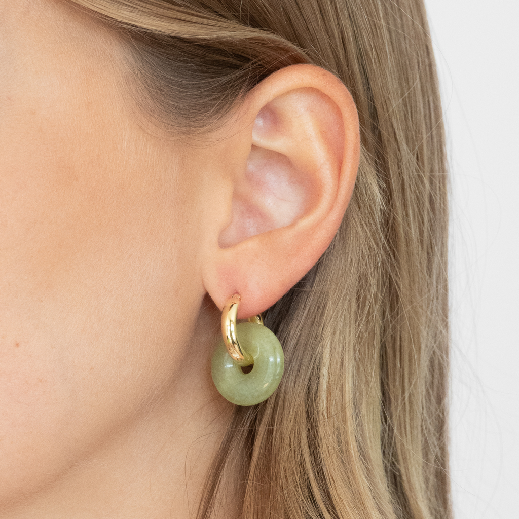 This calming green gemstone adds a special flare to any outfit.      Our Creoles are made from recycled silver and plated with 18k thick gold.