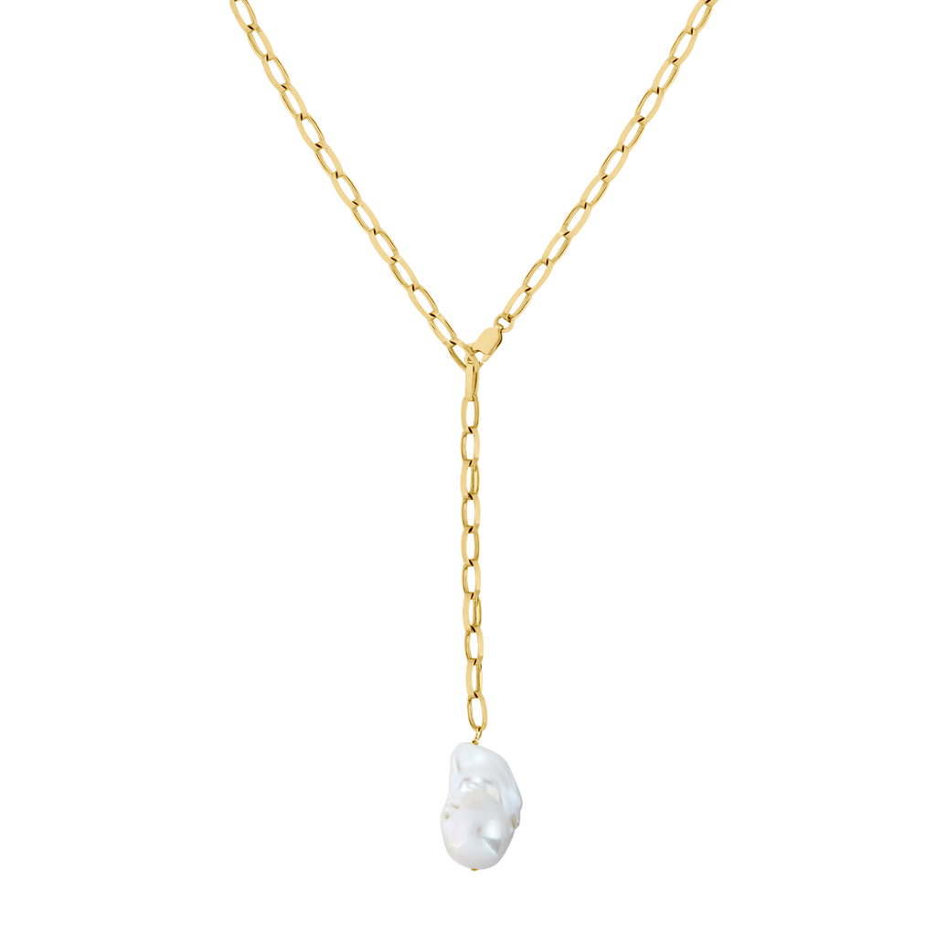 gold y chain necklace with baroque pearl