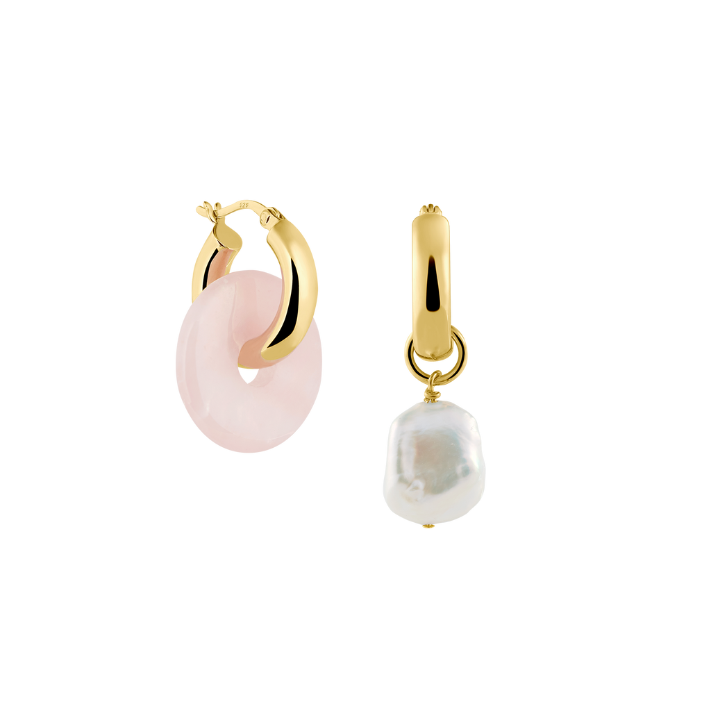 gold rose quartz earrings with pearl pendant - rosenquarz ohrringe aus Hamburg