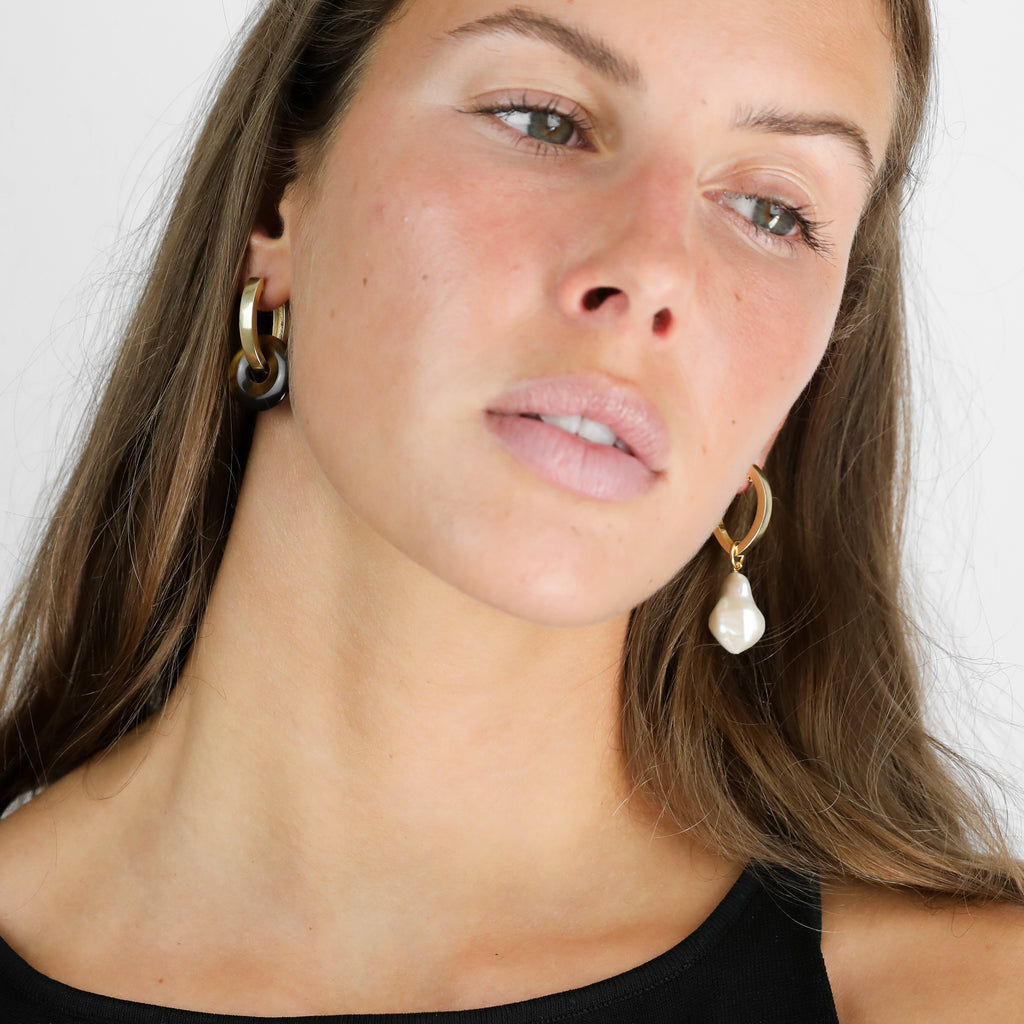 tiger eye pendant on oval hoops made of recycled gold | baroque pearl earring pendant