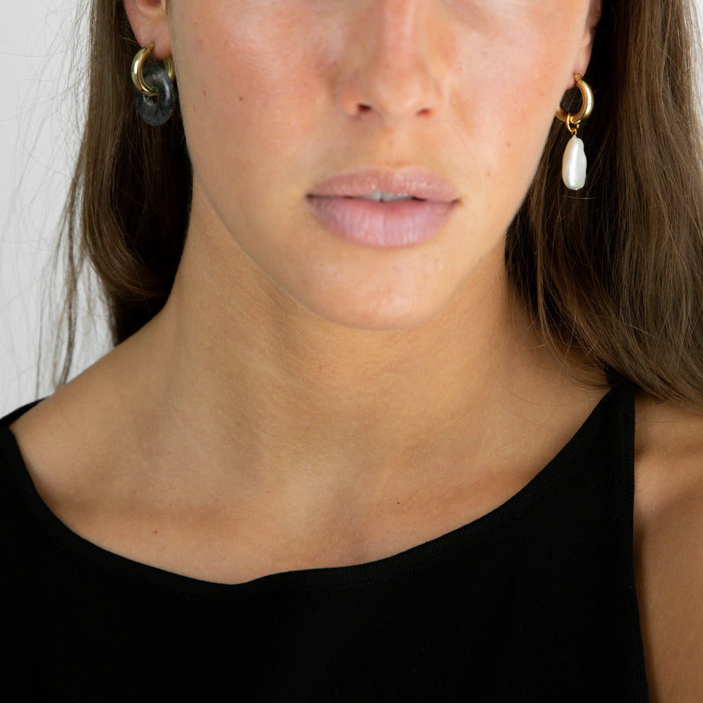 moss agate pendant on gold hoops | keshi pearl pendant recycled gold hoops 