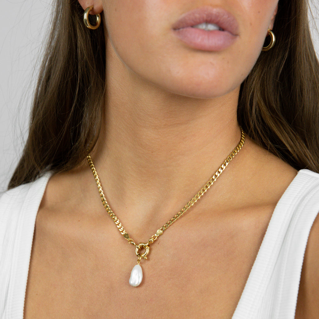 grobe Gliederkette mit Perlenanhänger aus Sterlingsilber und 18k vergoldet | die perfekte markante Kette für jeden tag