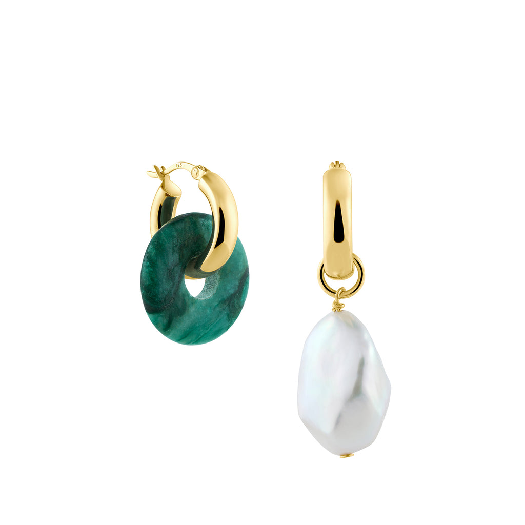 round hoops with prase gemstone pendant and baroque freshwater pearl pendant