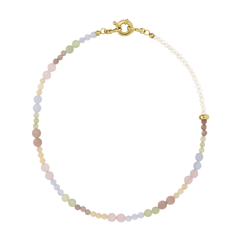pastel gemstone necklace with pearls and gold accents 