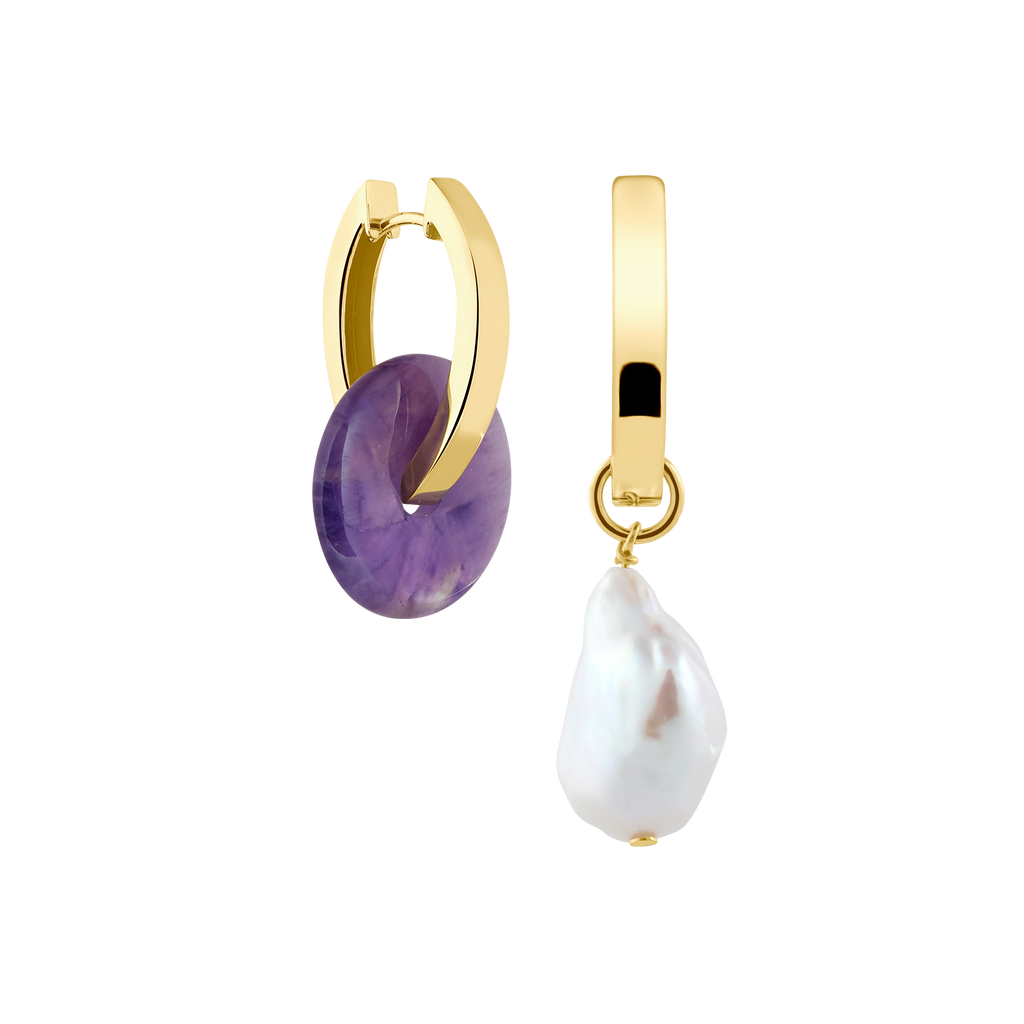 oval shaped hoop earrings with amethyst and real freshwater pearl pendants: the perfect asymmetrical earrings from LLR Studios