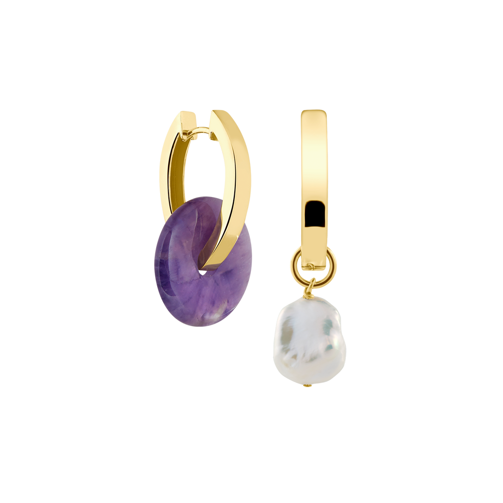 asymmetrical earrings: oval shaped hoops with amethyst and pearl pendants from sustainable jewelry brand LLR Studios from Hamburg, Germany