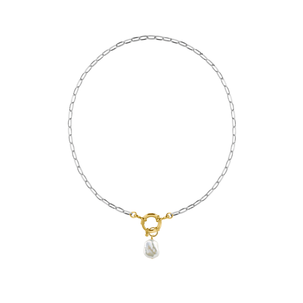 two toned jewelry : silver chain with gold closure and real freshwater pearl pendant