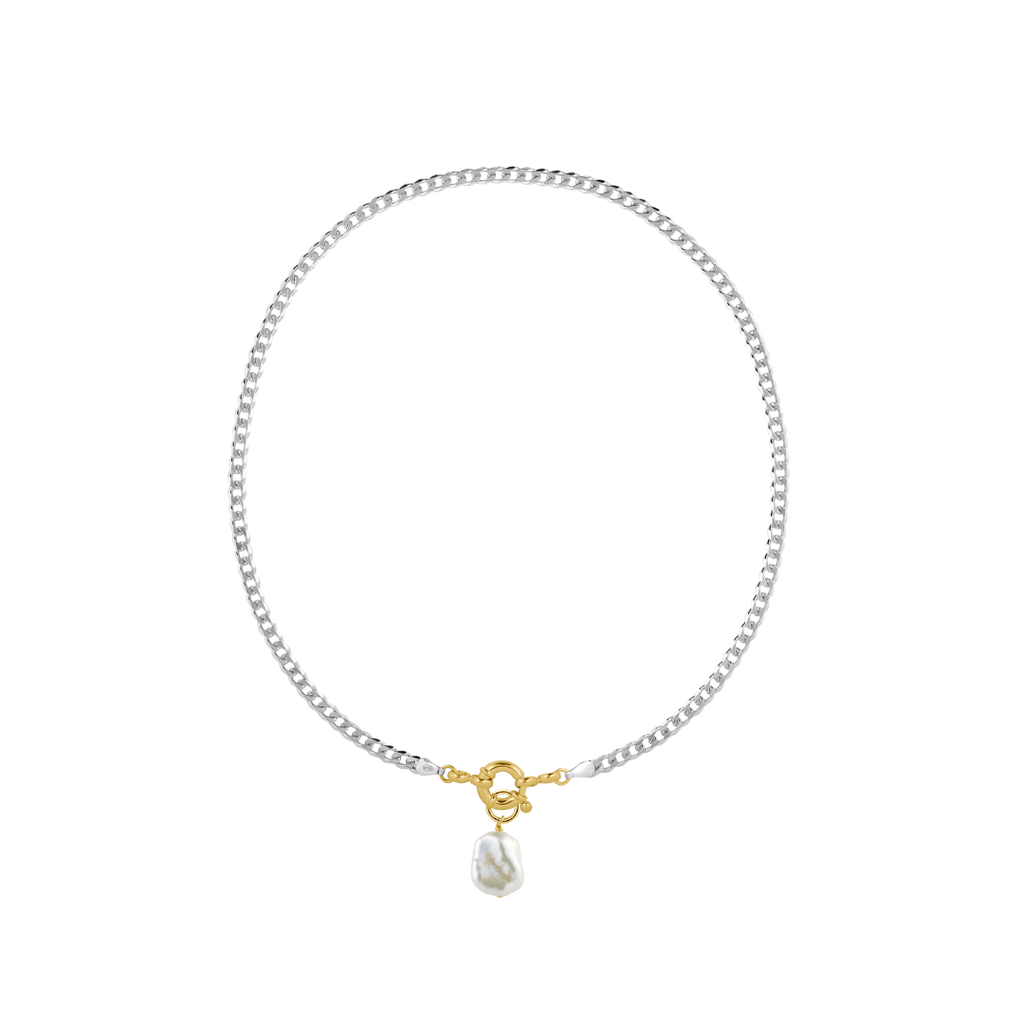 silver necklace with gold closure and real freshwater pearl pendant: this two toned necklaces combines silver and gold into one and uses recycled gold and silver