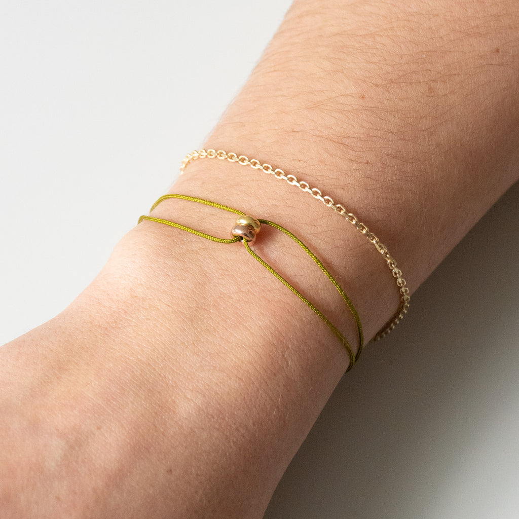 friendship bracelet khaki with rose and yellow gold beads from sustainable jewelry brand LLR Studios Hamburg