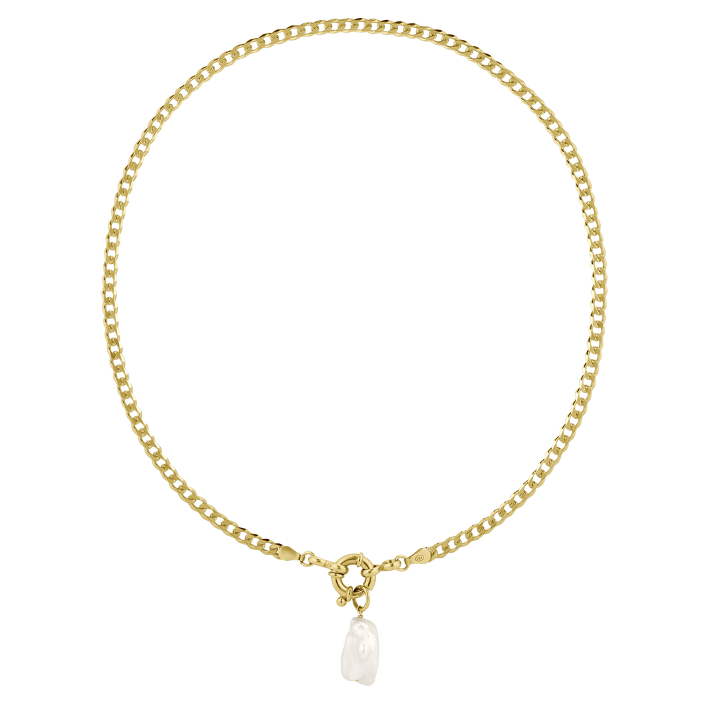 statement gold link chain with real, responsibly sourced freshwater pearl pendant from woman owned jewelry business LLR Studios