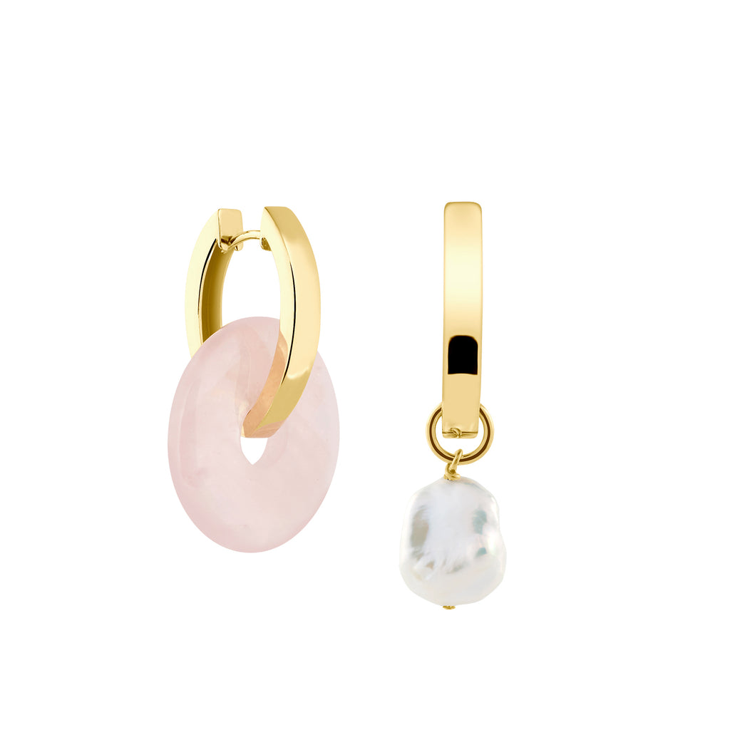 oval shaped hoops with rose quartz and keshi pearl pendant - rosenquarz ohrringe