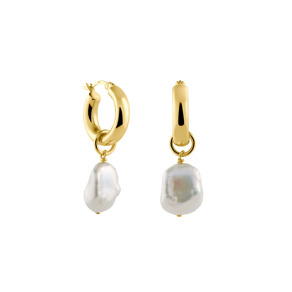 runde Kreolen aus recyceltem 925 Sterlingsilber und 18k vergoldet mit Keshi Perlenanhänger 