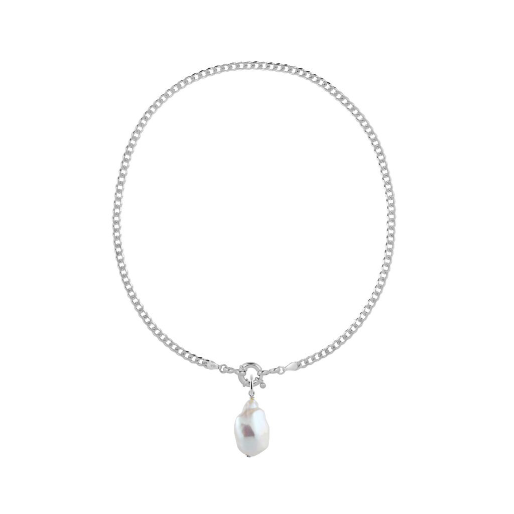 chunky silver chain with bolt ring closure and big freshwater pearl pendant _ sustainable jewelry from Hamburg