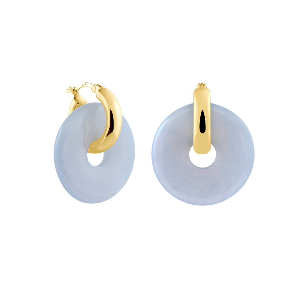 round 18k gold plated hoops with round chalcedony pendants -Edelstein Schmuck