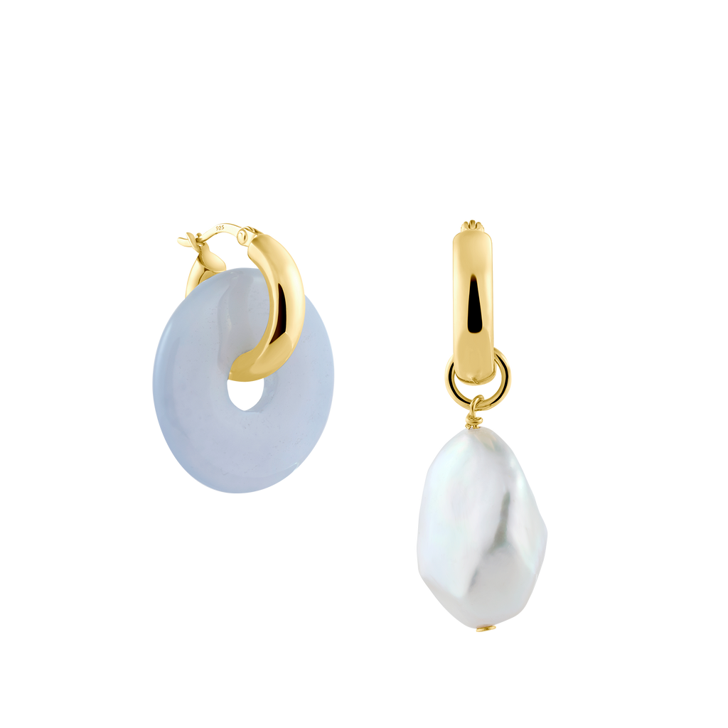 runde dicke kreolen mit chalcedon und baroque perlenanhänger - small thick hoops with chalcedony and baroque pearl pendants