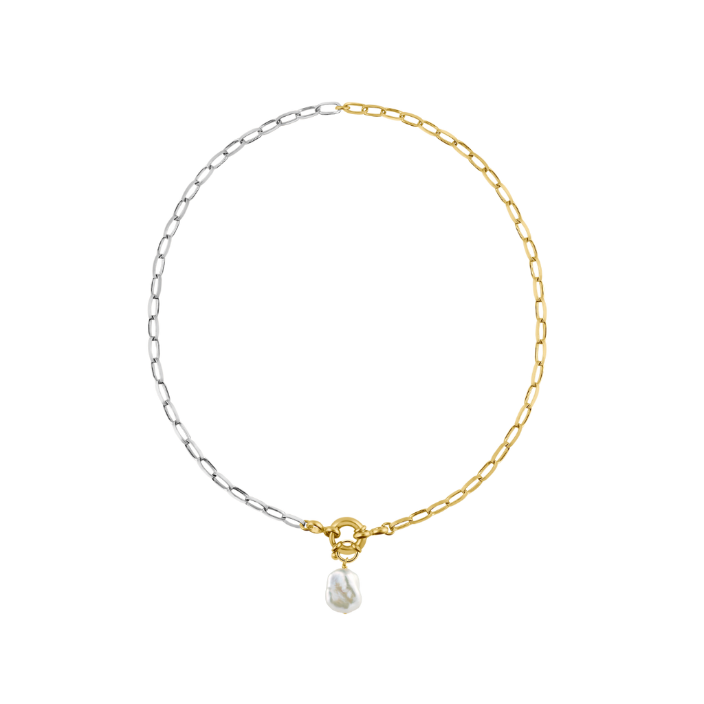 half gold half silver chain necklace with small keshi pearl pendant 