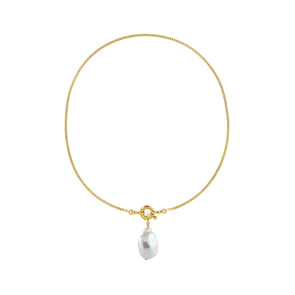 goldene Gliederkette mit Barock Perlenanhänger von nachhaltiger Schmuckbrand LLR Studios. Made in Germany.