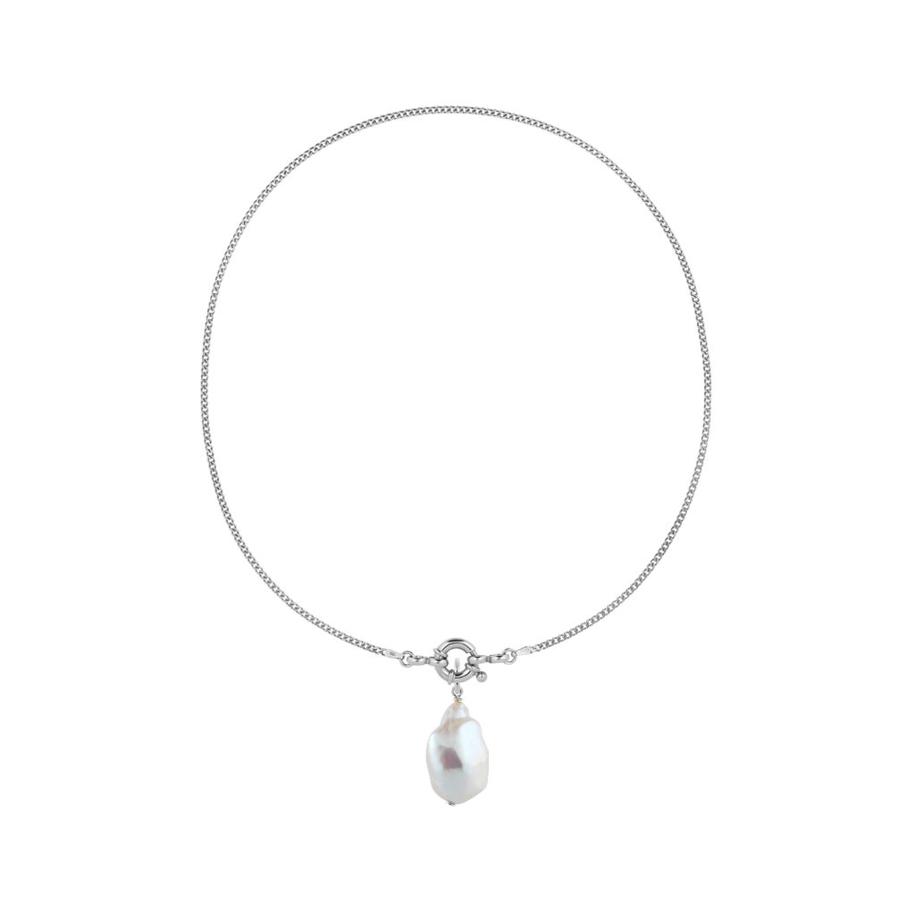 simple link chain with statement closure and chunky freshwater pearl pendant made of recycled sterling silver from sustainable jewelry brand LLR Studios