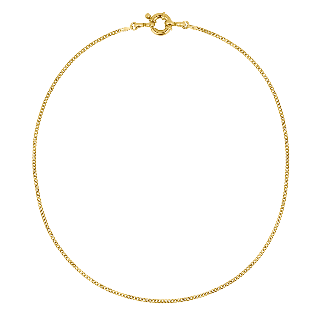 the statement spring ring closure adds a unique twist to an otherwise simple gold chain necklace 