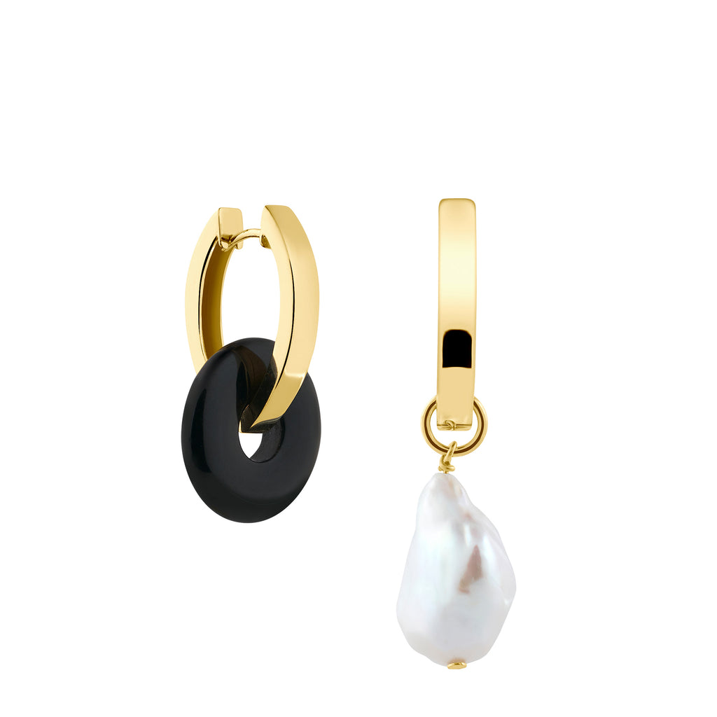 oval earrings gold plated with onyx and real freshwater pearl pendants: real natural gemstone / crystal jewelry
