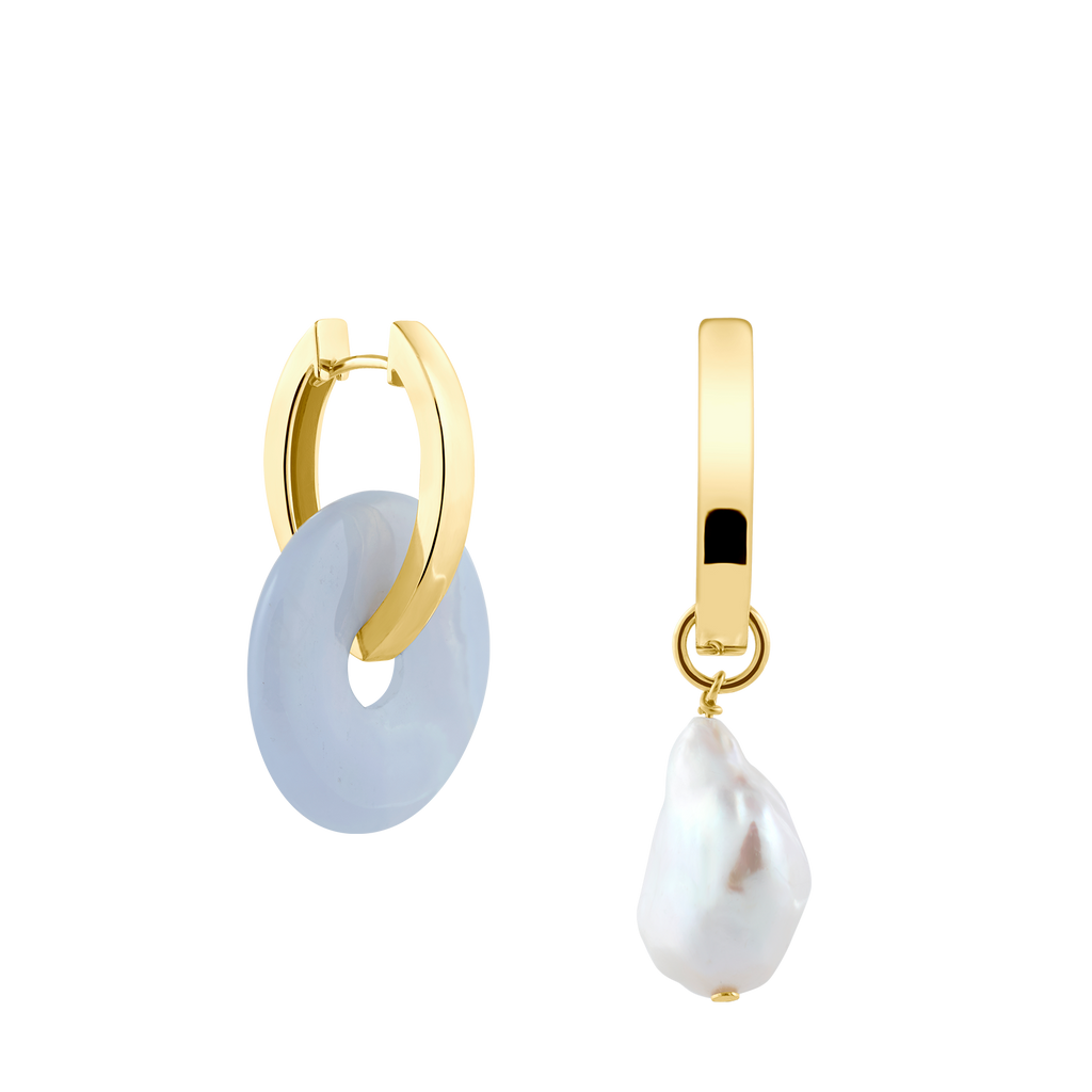 oval creoles with chalcedony and pearl pendant - 925 sterling silver 18k gold plated jewelry