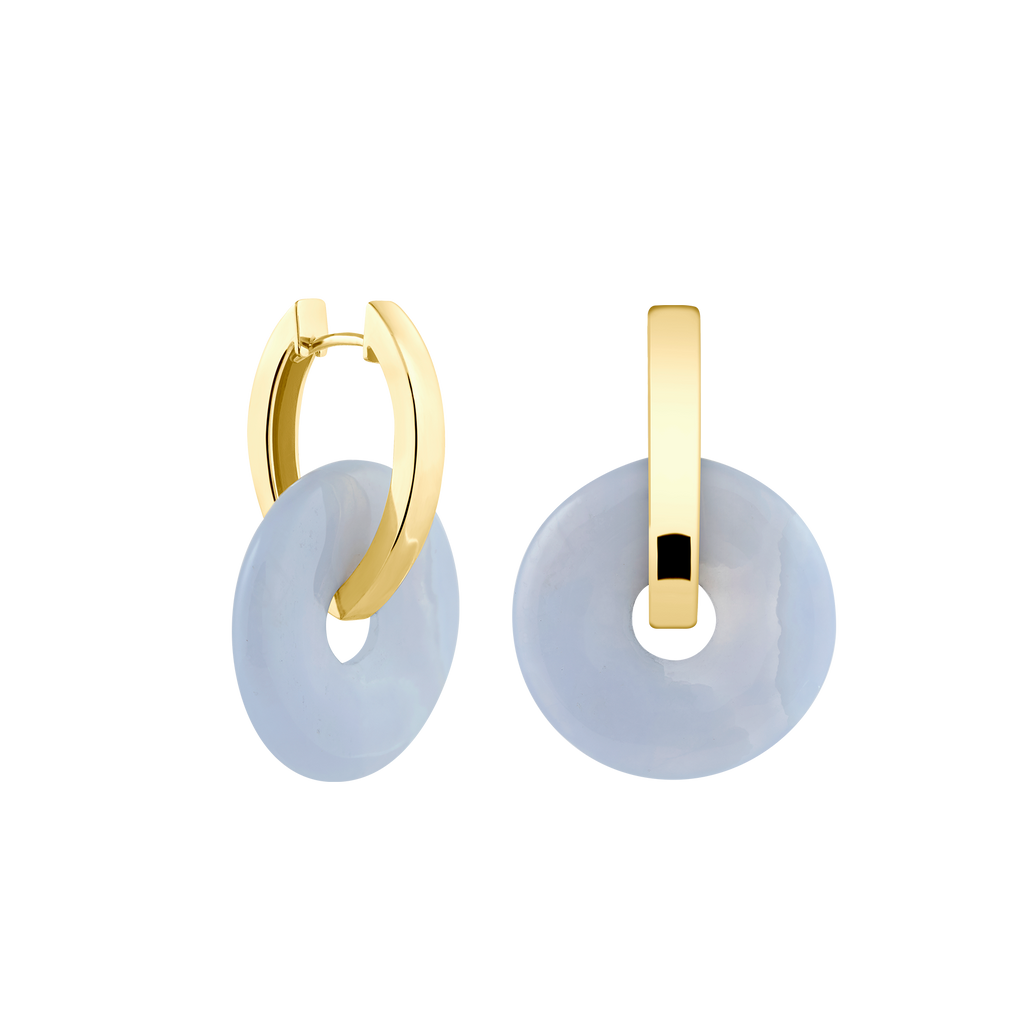 oval shaped hoops with round chalcedony pendants - 18k vergoldete ovale kreolen mit hellblauem edelstein anhänger