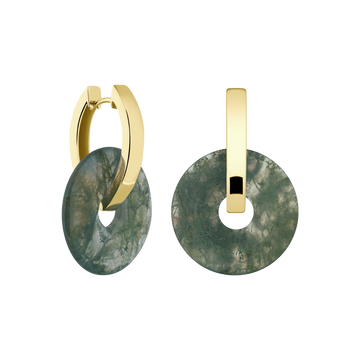 oval shaped hoops with blue/green gemstone pendants (moss agate). made in germany under fair conditions.