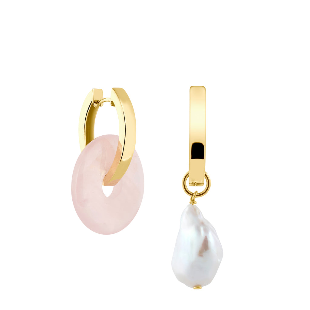 oval shaped hoops with rose quartz and baroque pearl pendant