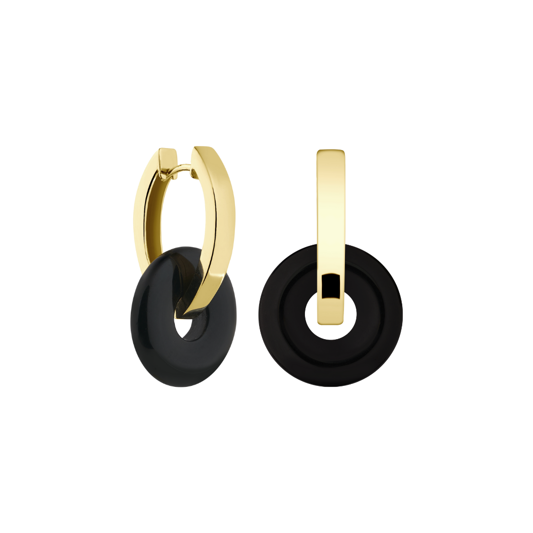 oval shaped hoops with onyx pendants | onyx earrings made of recycled metals | responsibly sourced