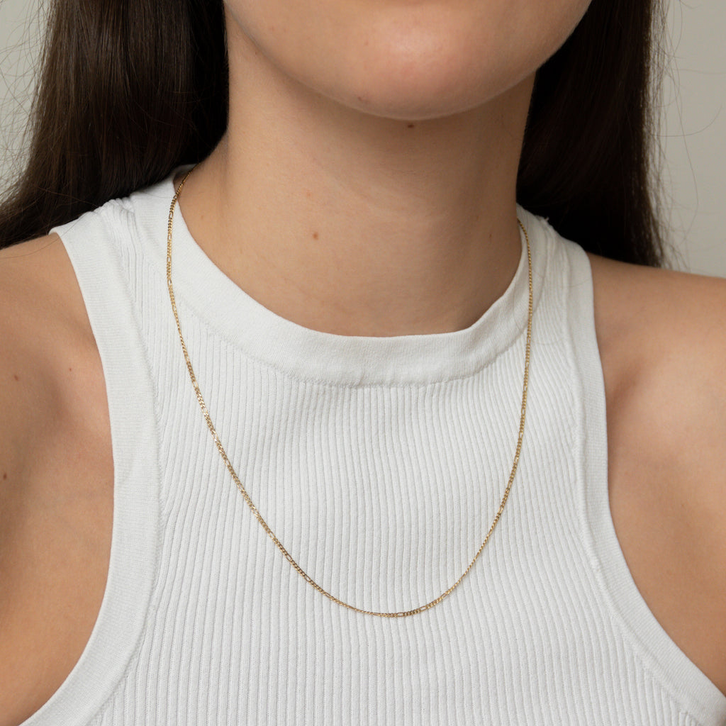 14k gold figaro chain necklace from llr studios, a modern sustainable jewelry company that makes recycled 14k gold jewelry