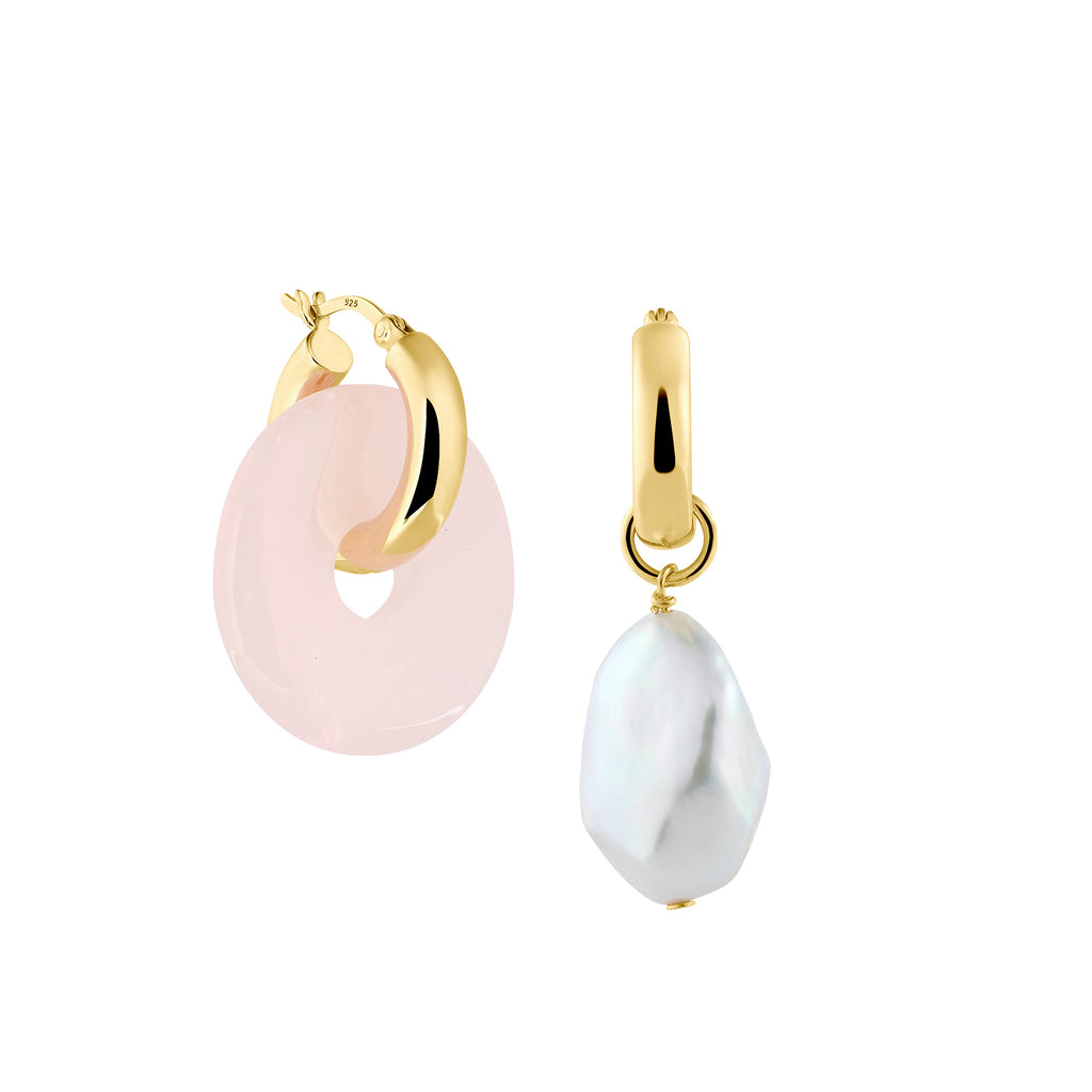 chunky round hoops with rose quartz & baroque pearl pendant - rose quartz earrings