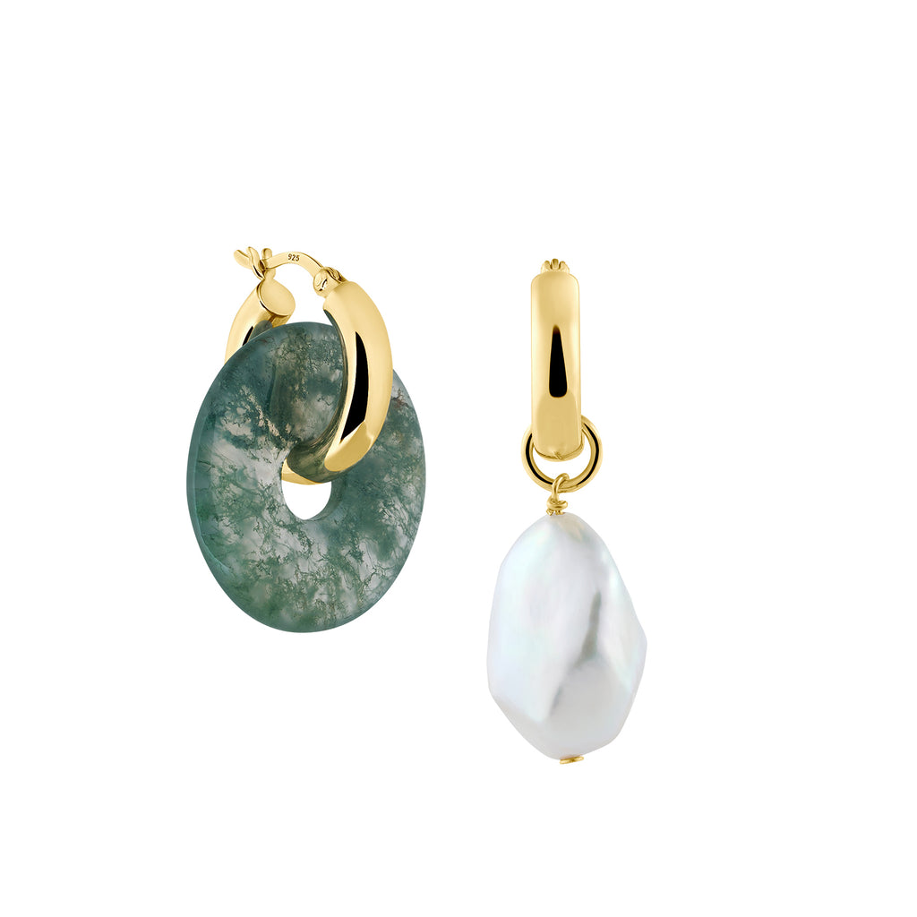 earrings with moss agate and real freshwater pearl pendants made in Hamburg 