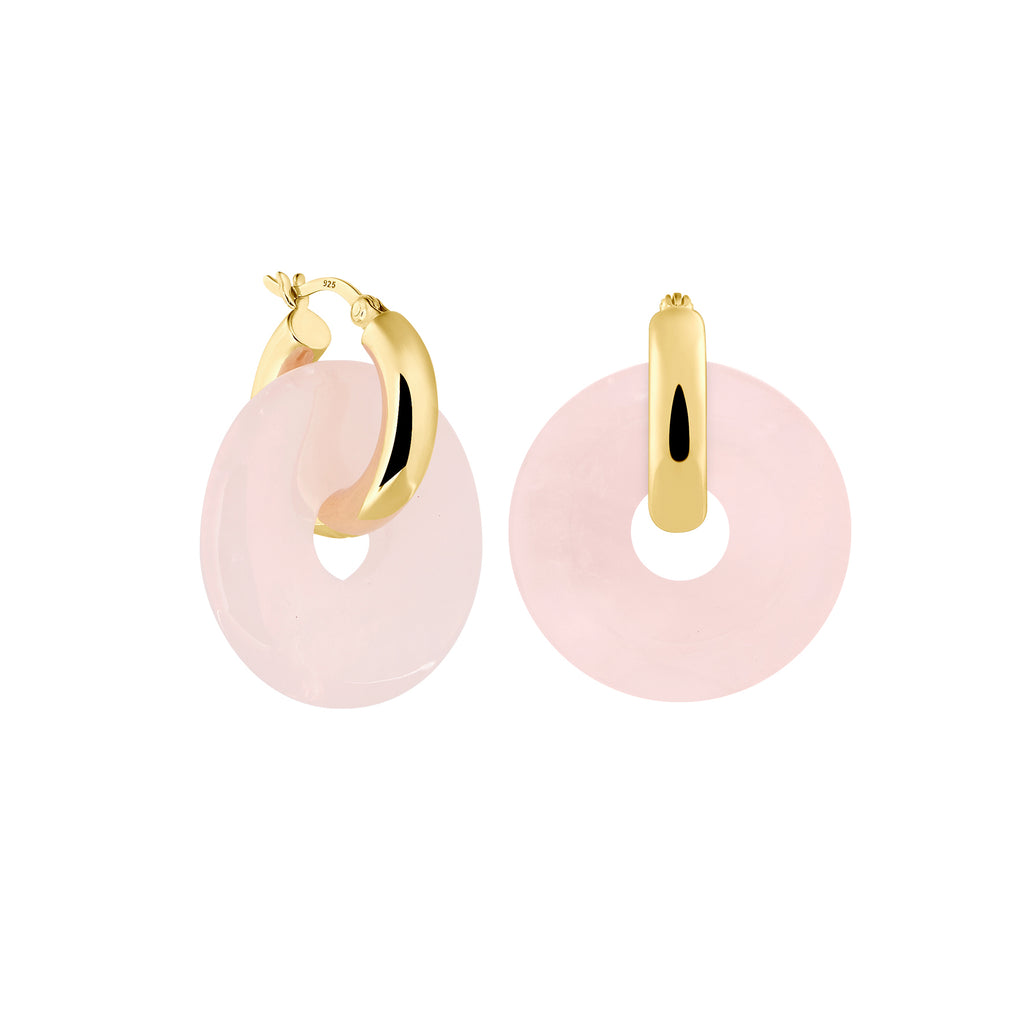chunky round hoops with rose quartz pendants - rosenquarz ohrringe