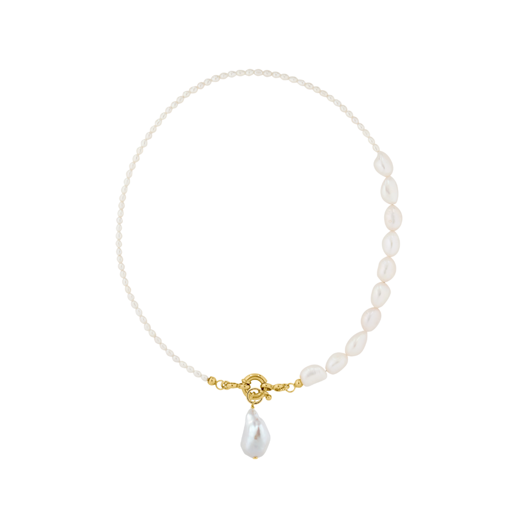 pearl necklace with two different sizes of freshwater pearls and gold details- modern pearl jewelry by llr studios